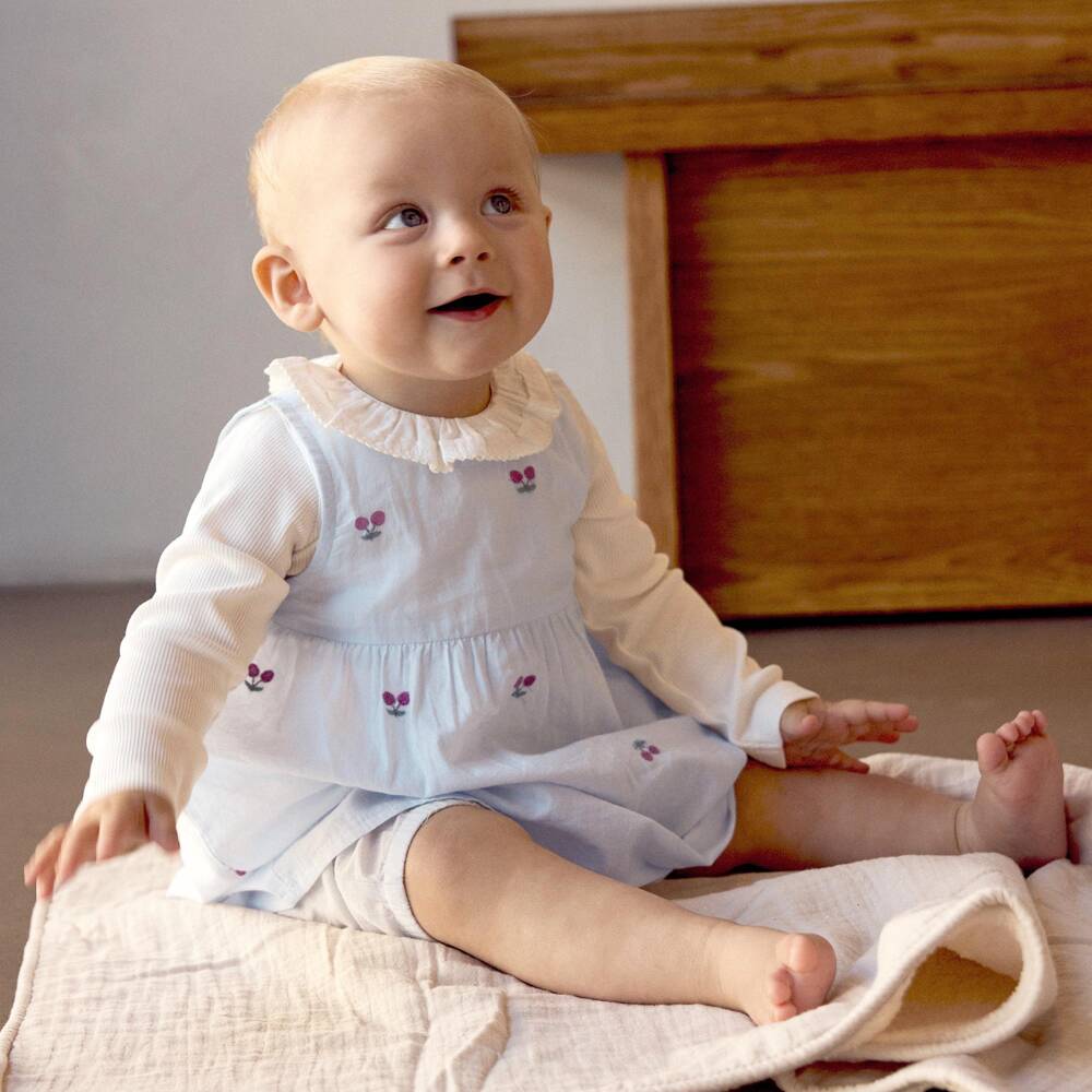 NAME IT-Baby Girls Blue Embroidered Cherry Organic Cotton Dress | Childrensalon