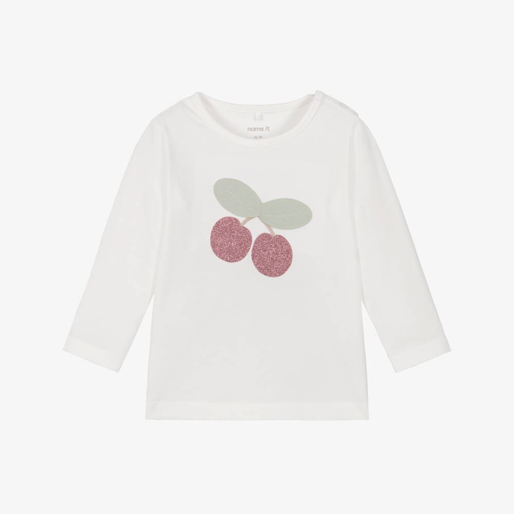 NAME IT-Baby Girls Ivory Cotton Top with Sparkly Cherry Motif | Childrensalon