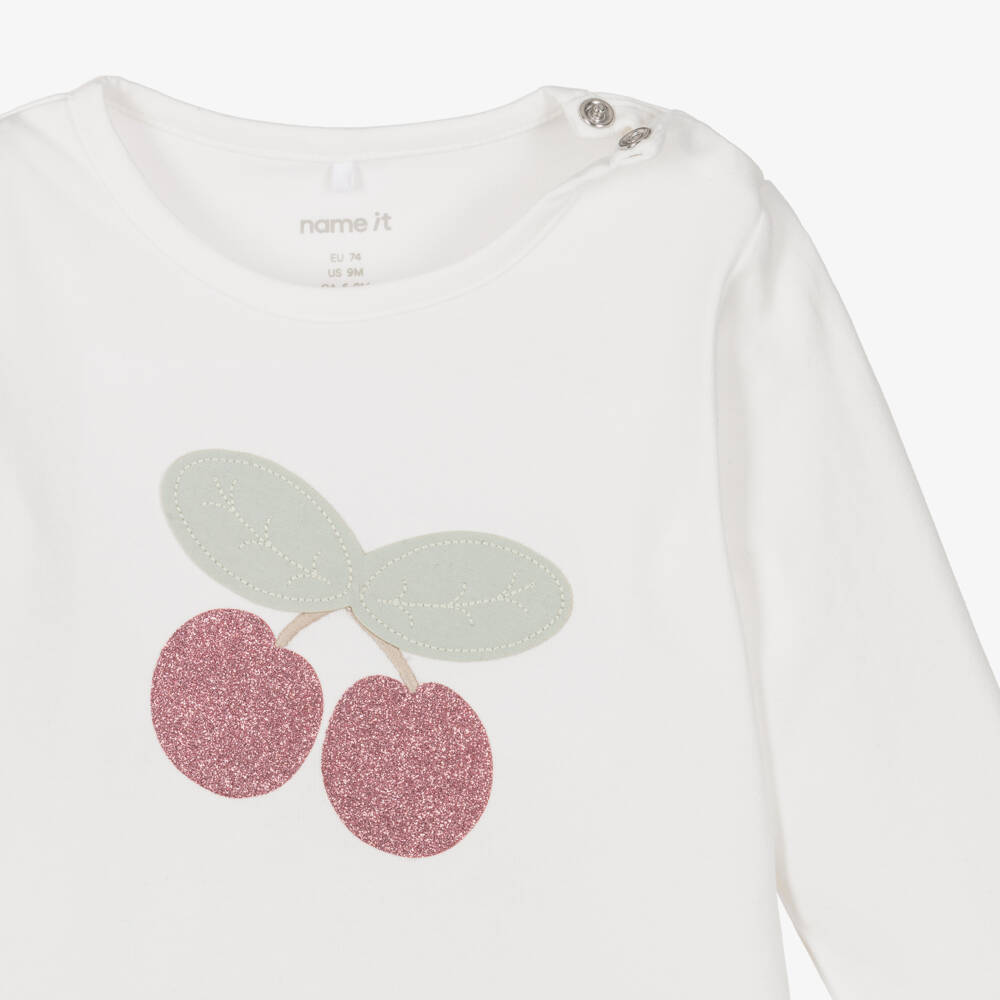 NAME IT-Baby Girls Ivory Cotton Top with Sparkly Cherry Motif | Childrensalon