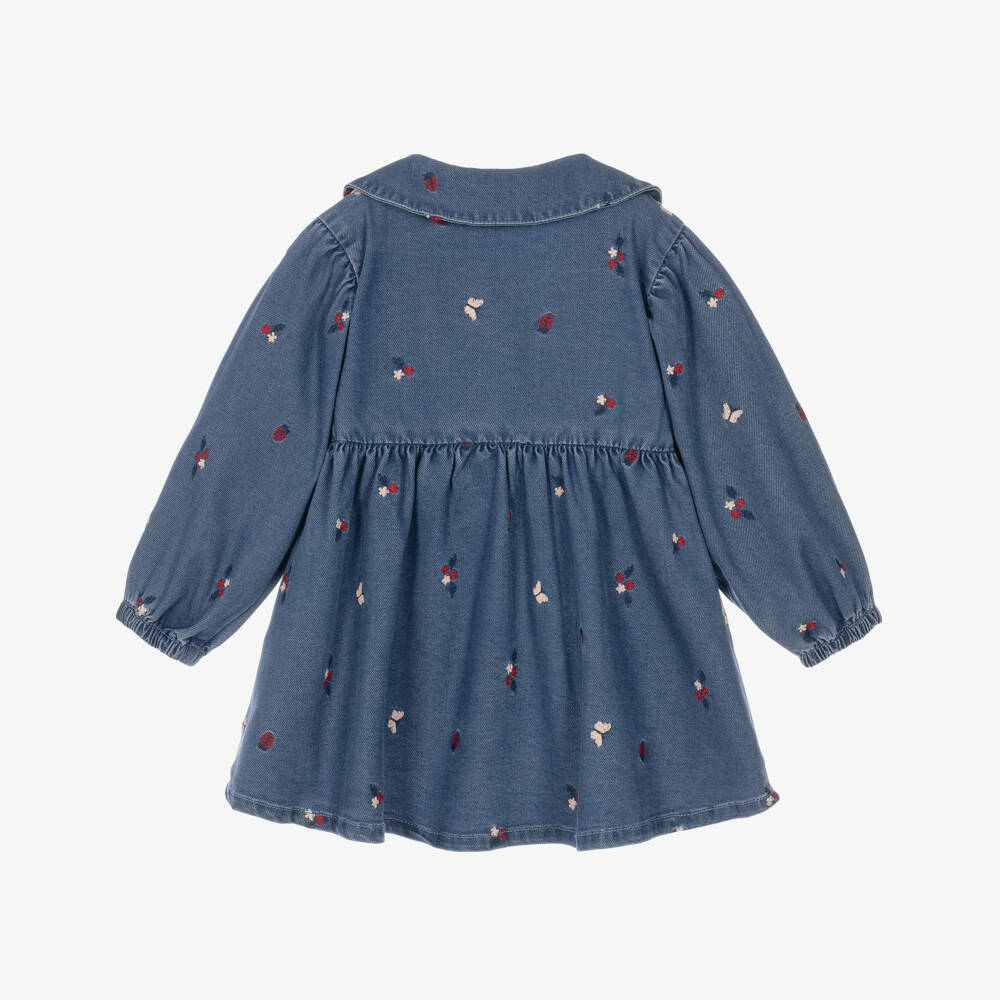 NAME IT-Baby Girls Mid Blue Embroidered Twill Dress | Childrensalon