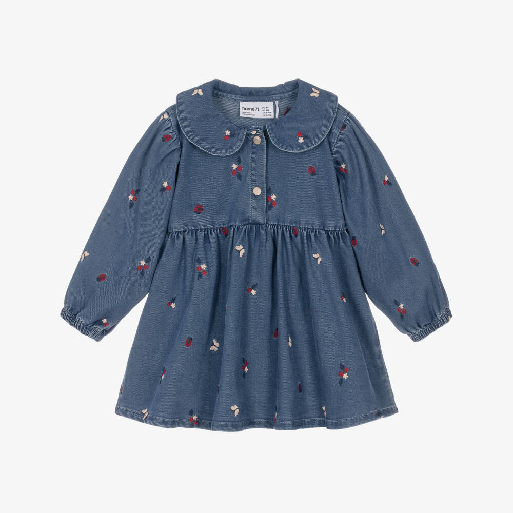 NAME IT-Baby Girls Mid Blue Embroidered Twill Dress | Childrensalon