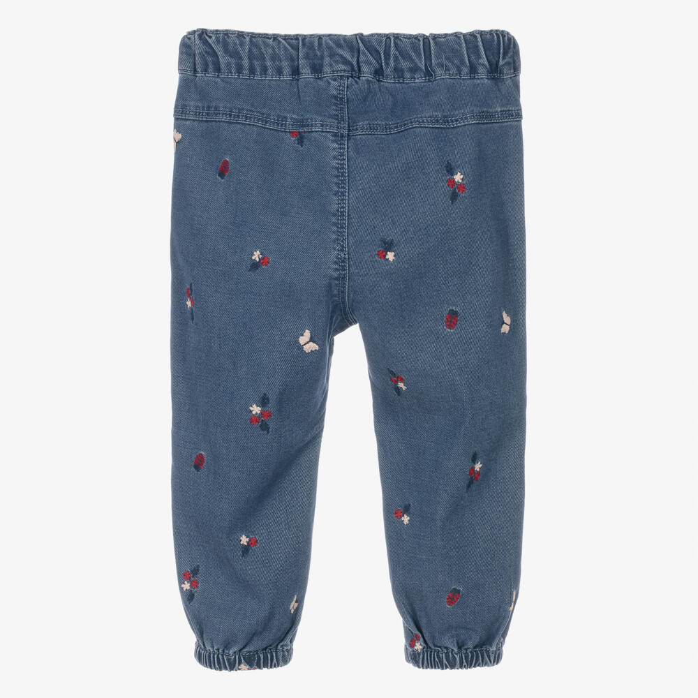 NAME IT-Baby Girls Mid Blue Embroidered Twill Trousers | Childrensalon