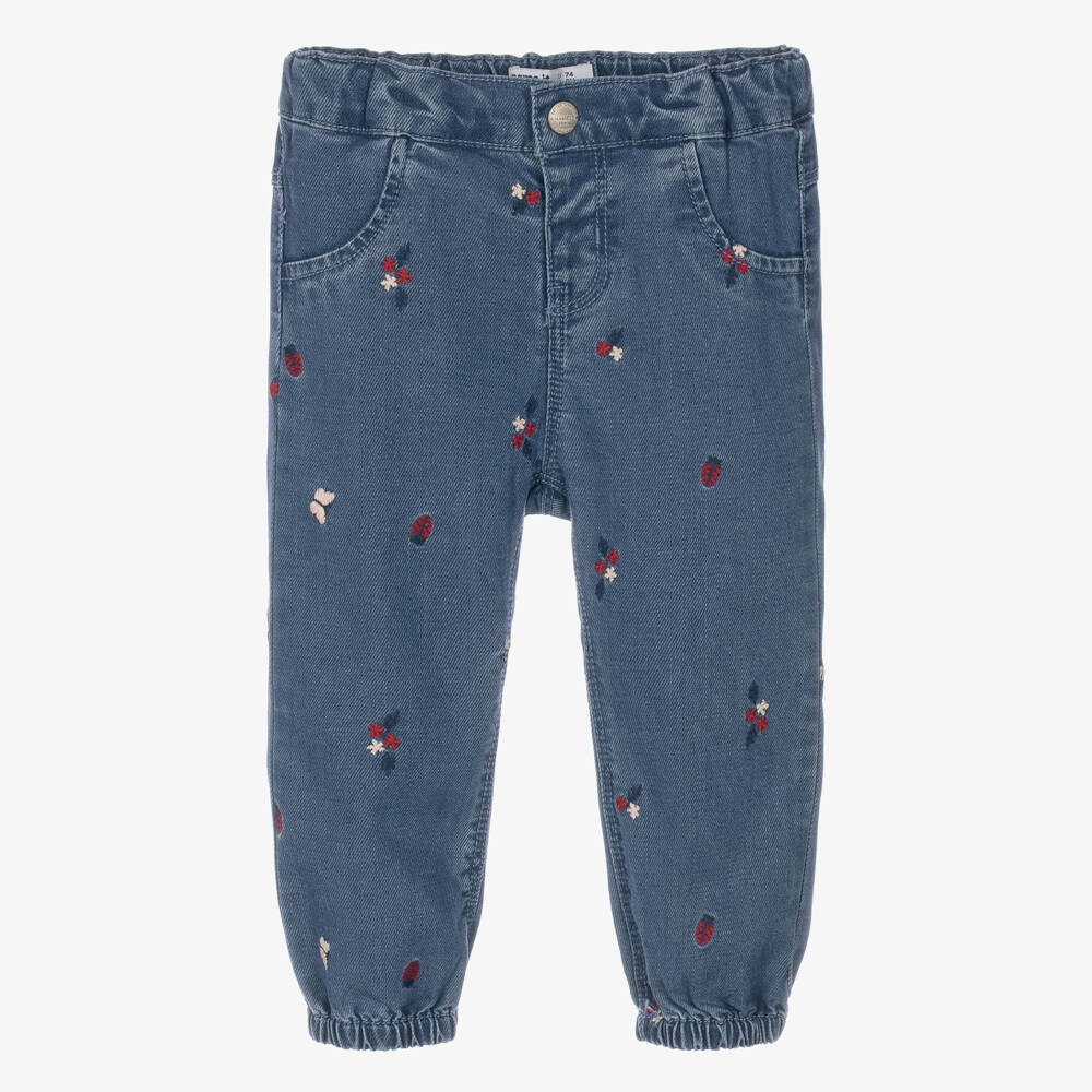 NAME IT-Baby Girls Mid Blue Embroidered Twill Trousers | Childrensalon