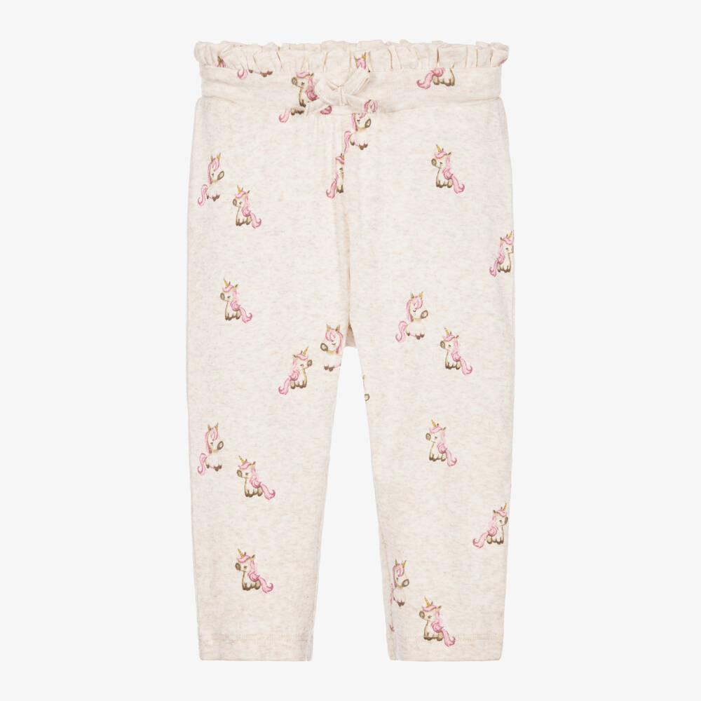 NAME IT-Baby Girls Pale Beige Unicorn Print Trousers | Childrensalon
