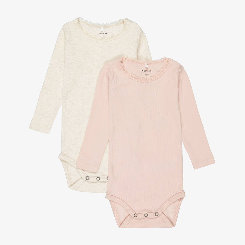 NAME IT-Baby Girls Pink & Beige Cotton Jersey Bodyvests (2 Pack) | Childrensalon