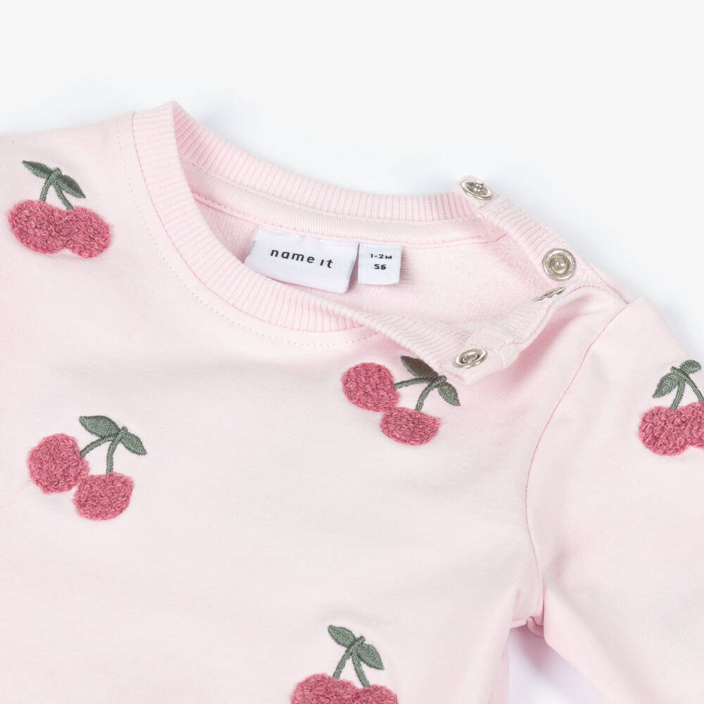 NAME IT-Baby Girls Pink Organic Cotton Sweatshirt with Cherry Detail | Childrensalon