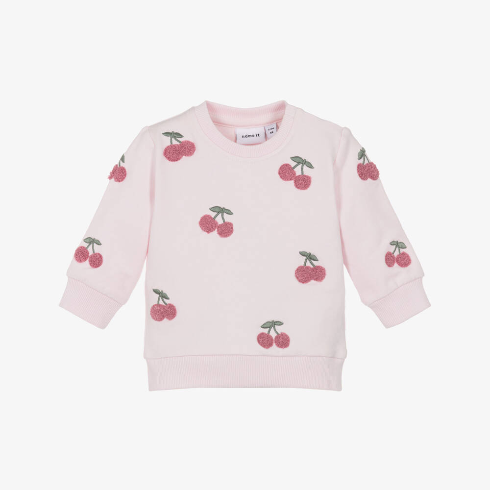 NAME IT-Baby Girls Pink Organic Cotton Sweatshirt with Cherry Detail | Childrensalon