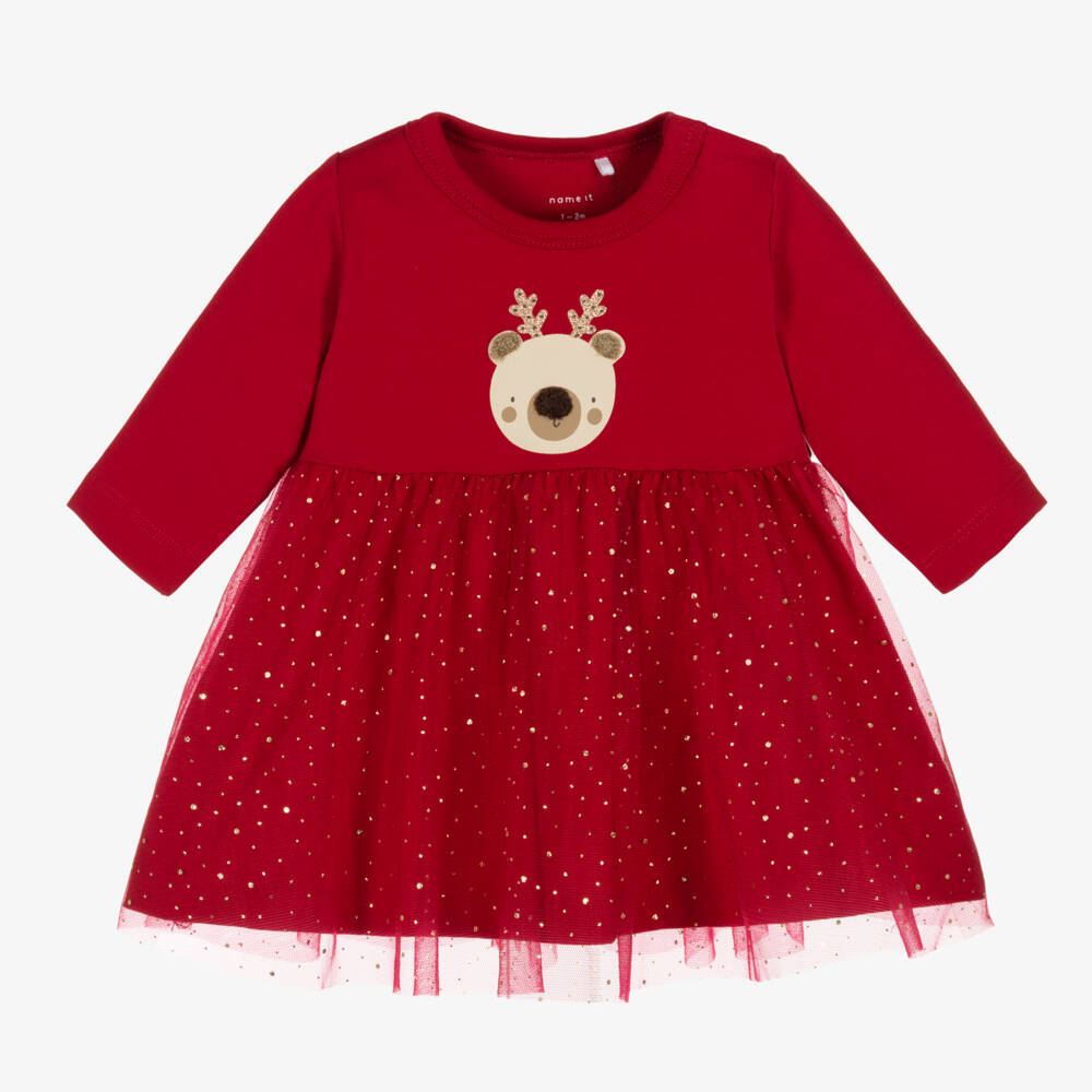 NAME IT - Baby Girls Red Cotton & Tulle Festive Dress | Childrensalon