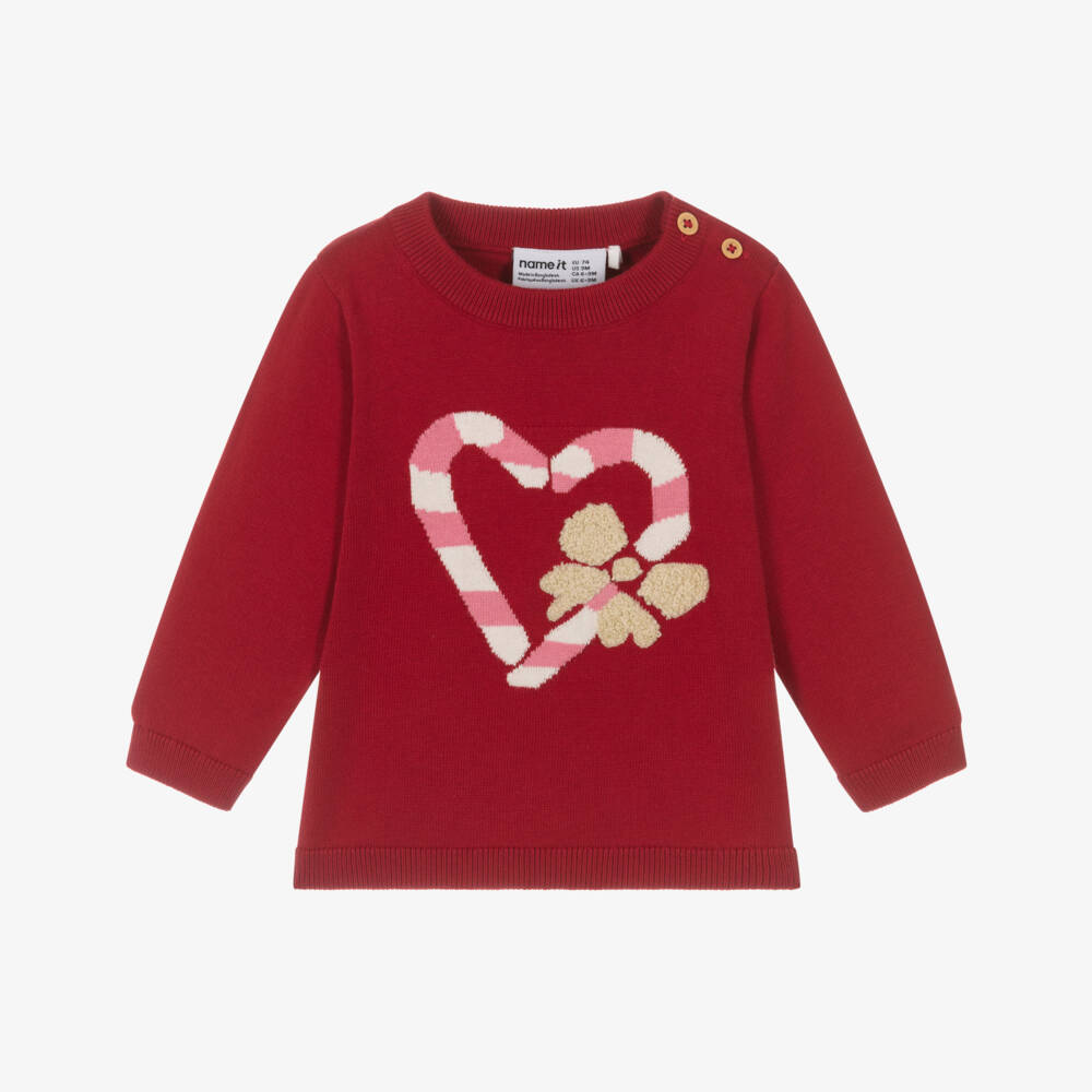 NAME IT-Baby Girls Red Festive Candy Cane Heart Sweater | Childrensalon