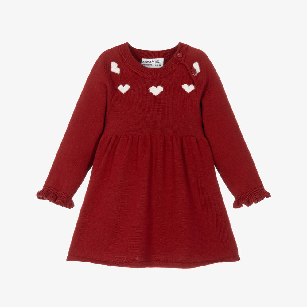 NAME IT-Baby Girls Red Organic Cotton Knitted Dress with Hearts | Childrensalon