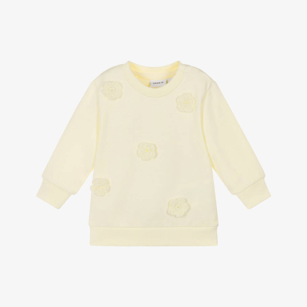 NAME IT-Baby Girls Yellow Crochet Flower Organic Cotton Sweatshirt | Childrensalon