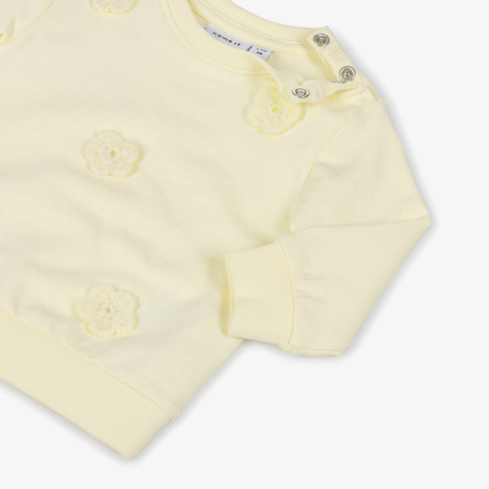 NAME IT-Baby Girls Yellow Crochet Flower Organic Cotton Sweatshirt | Childrensalon