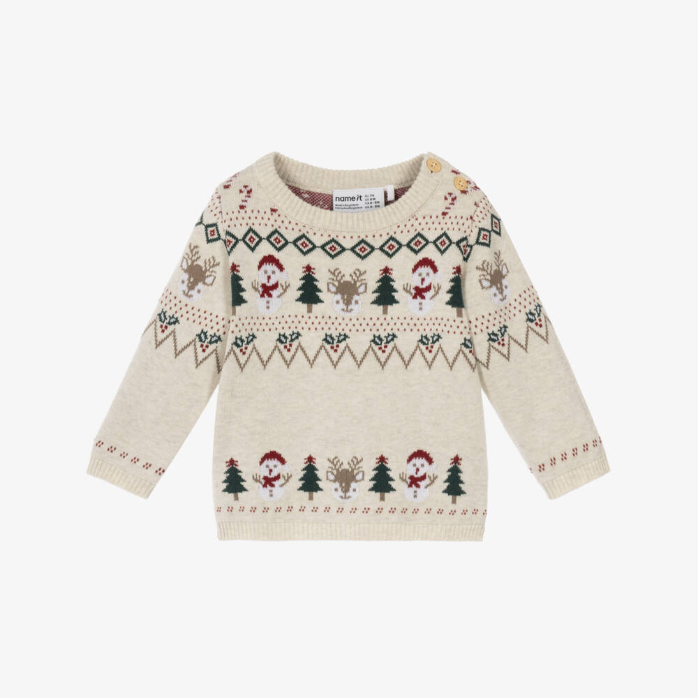 NAME IT-Beige Christmas Character Fair Isle Sweater | Childrensalon