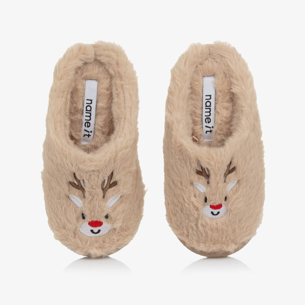 NAME IT-Beige Faux Fur Reindeer Slippers | Childrensalon