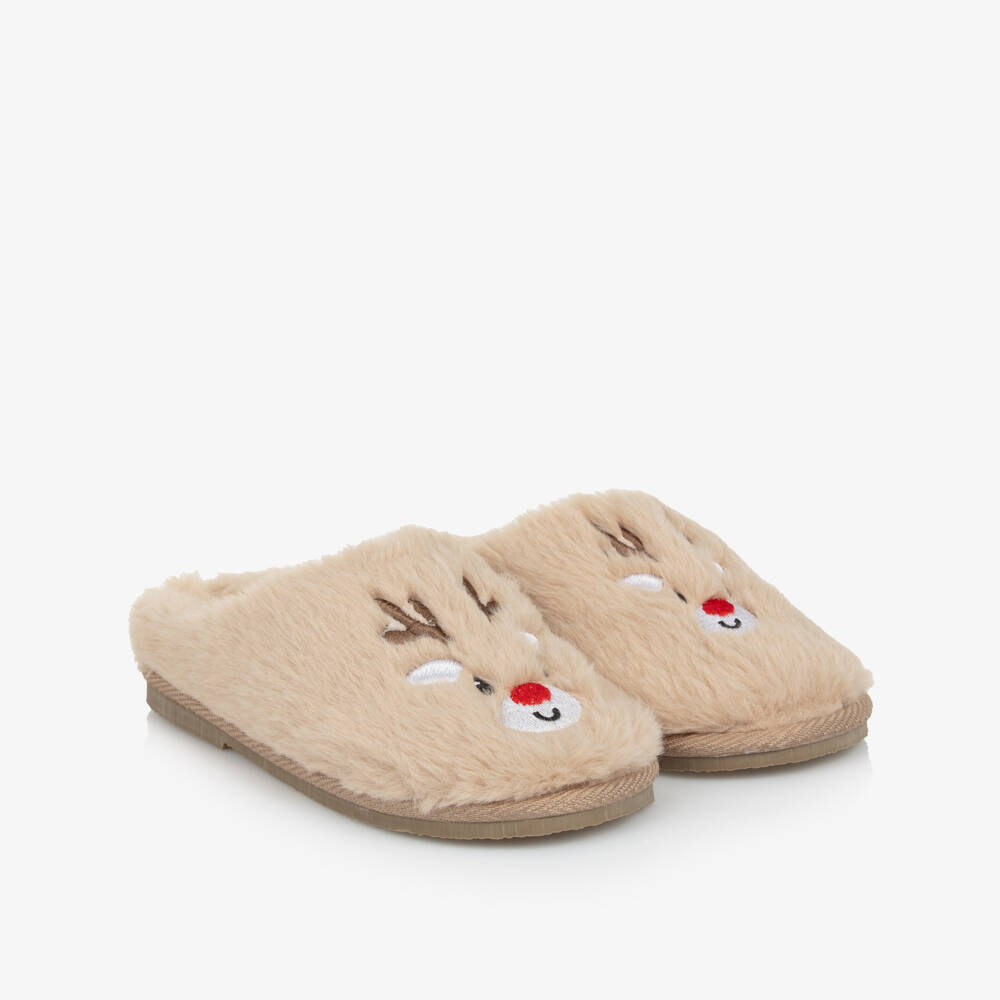 NAME IT-Beige Faux Fur Reindeer Slippers | Childrensalon