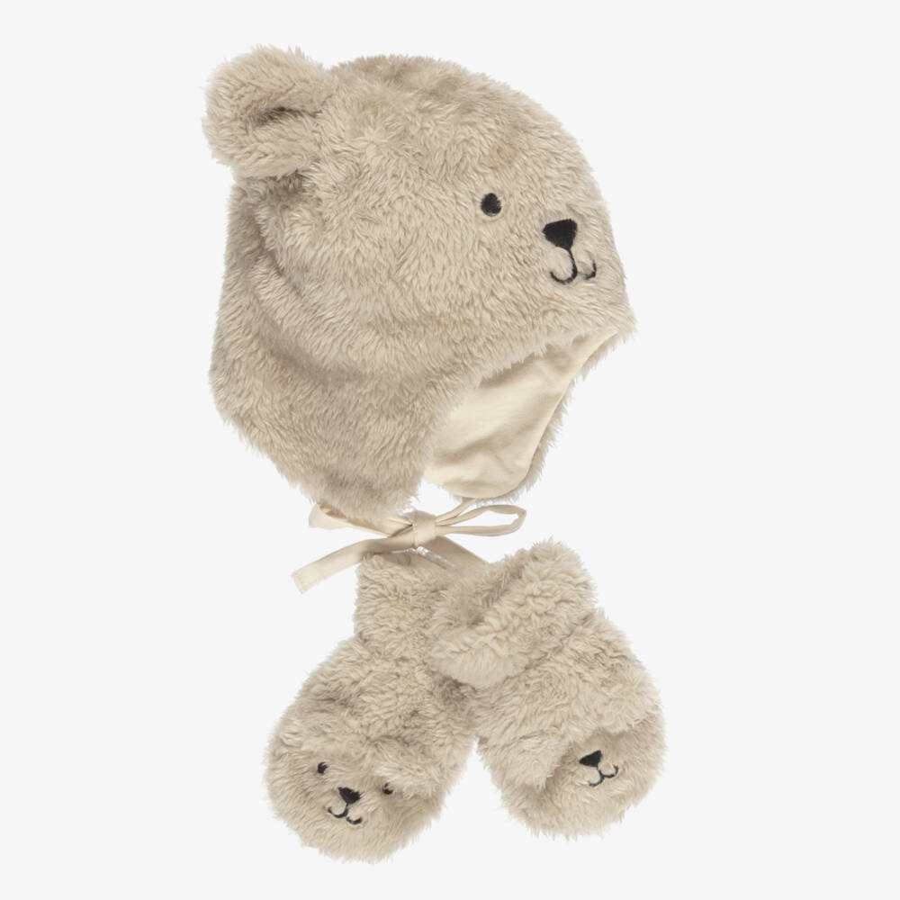 NAME IT-Beige Faux Fur Teddy Hat & Mittens Set | Childrensalon