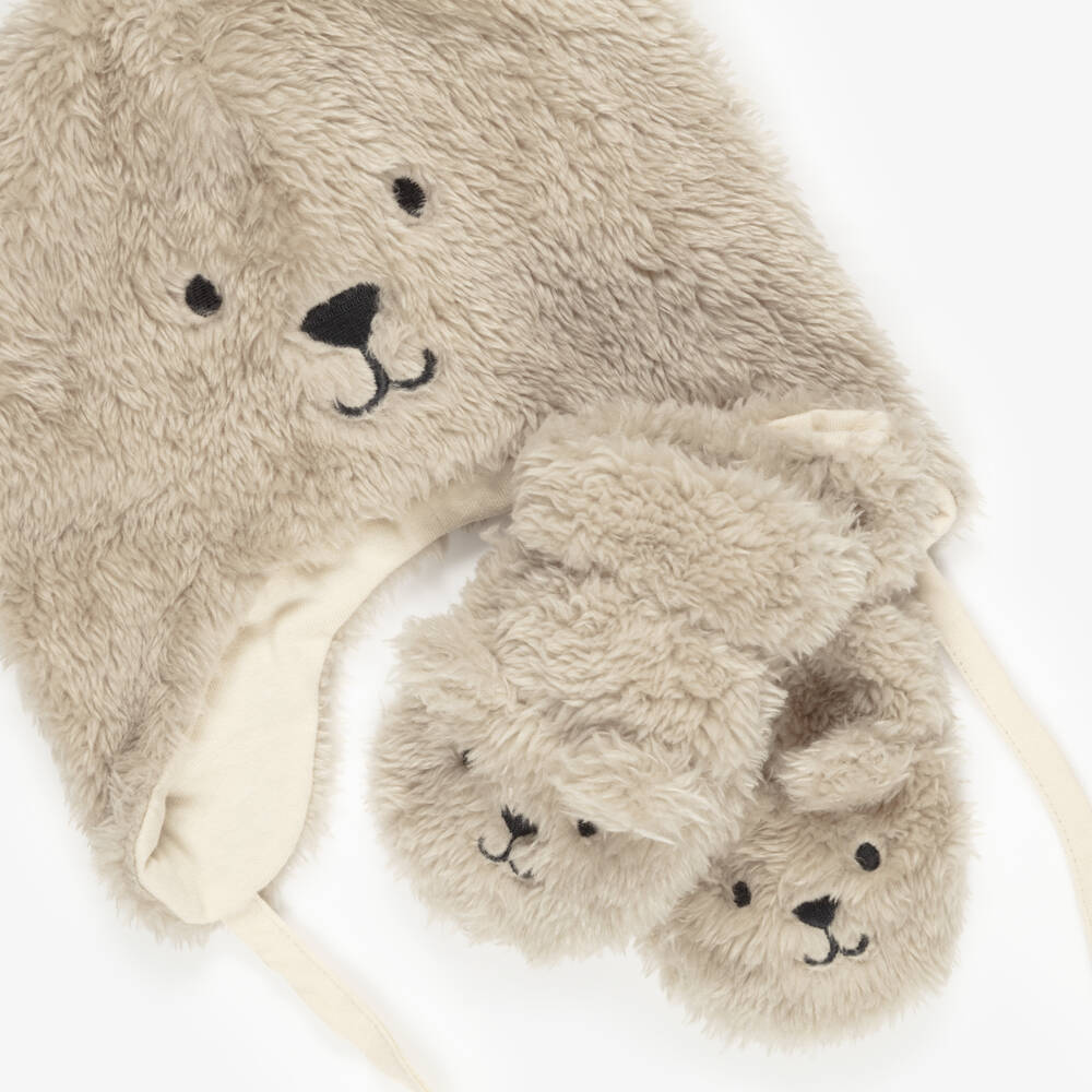 NAME IT-Beige Faux Fur Teddy Hat & Mittens Set | Childrensalon