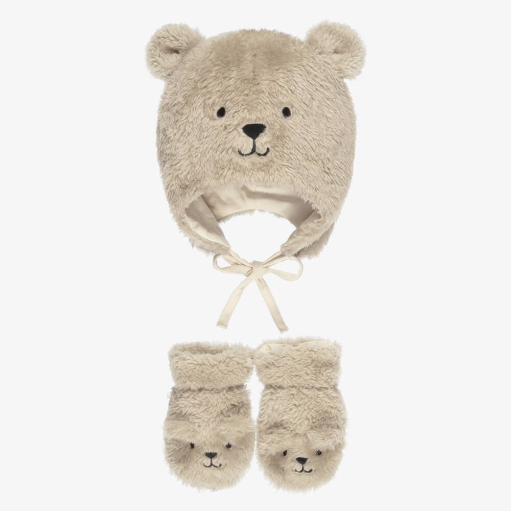 NAME IT-Beige Faux Fur Teddy Hat & Mittens Set | Childrensalon