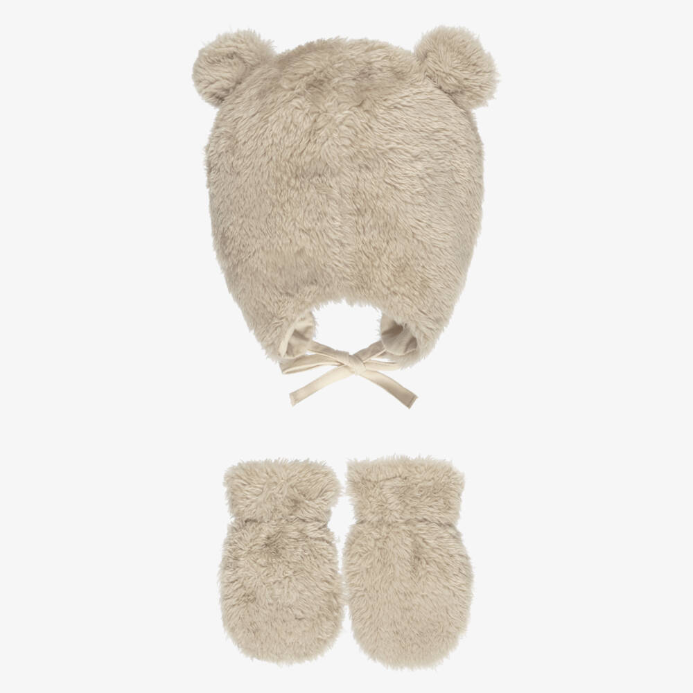 NAME IT-Beige Faux Fur Teddy Hat & Mittens Set | Childrensalon