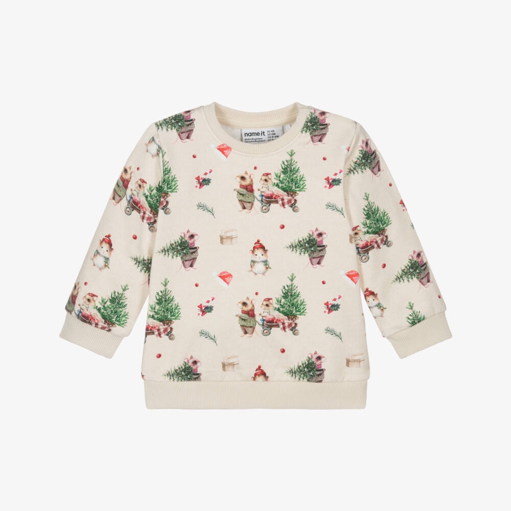 NAME IT-Beige Festive Organic Cotton Jersey Baby Sweatshirt | Childrensalon