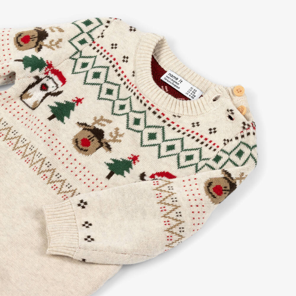 NAME IT-Ромпер бежевый с праздничным узором из хлопкового трикотажа | Childrensalon