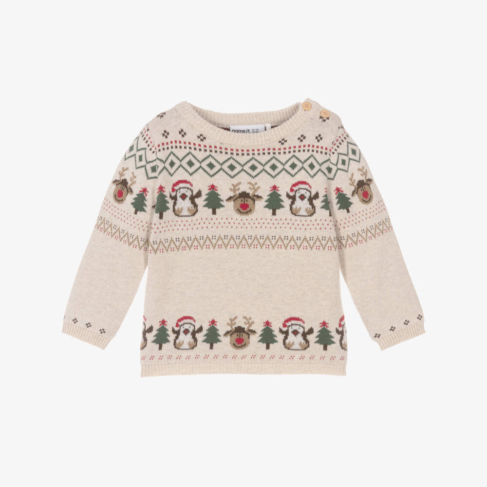NAME IT-Beige Organic Cotton Christmas Fair Isle Baby Sweater | Childrensalon