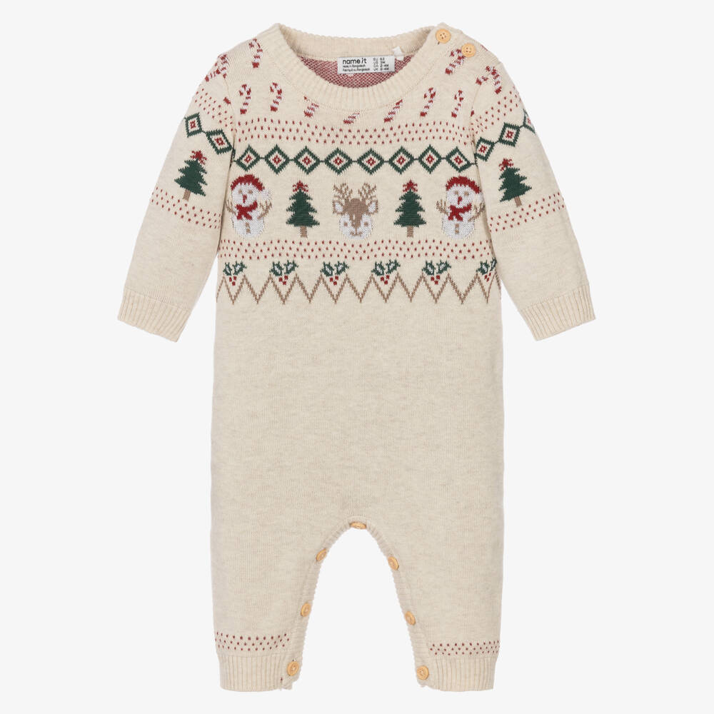 NAME IT-Beige Organic Cotton Christmas Romper | Childrensalon