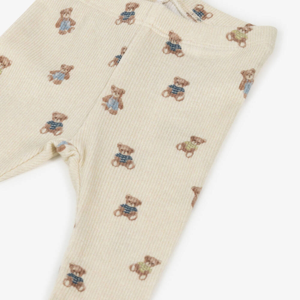 NAME IT-Beige Teddy Bear Print Ribbed Jersey Baby Leggings | Childrensalon