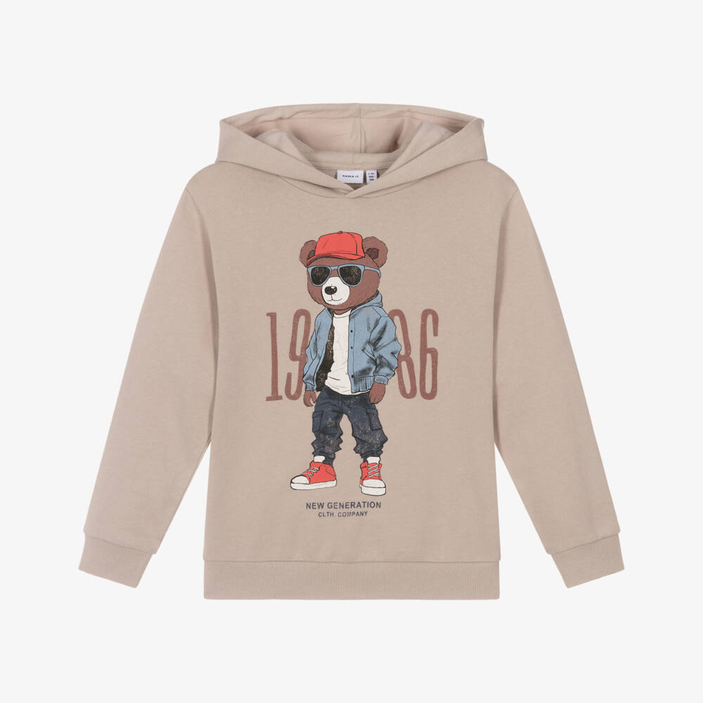 NAME IT-Худи бежевое из хлопка с принтом мишки для мальчиков | Childrensalon