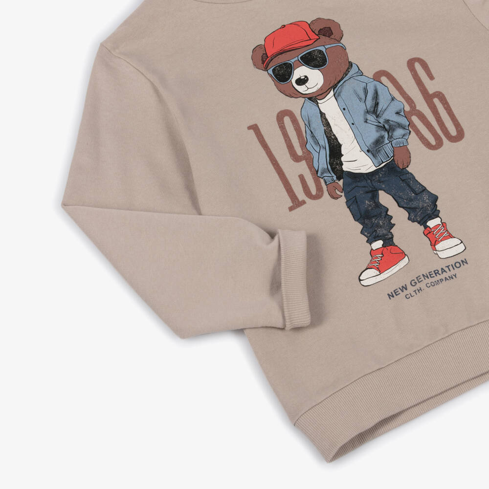 NAME IT-Худи бежевое из хлопка с принтом мишки для мальчиков | Childrensalon