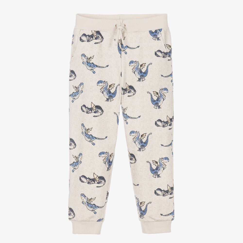 NAME IT-Boys Beige Cotton Joggers with Blue Dragon Prints | Childrensalon