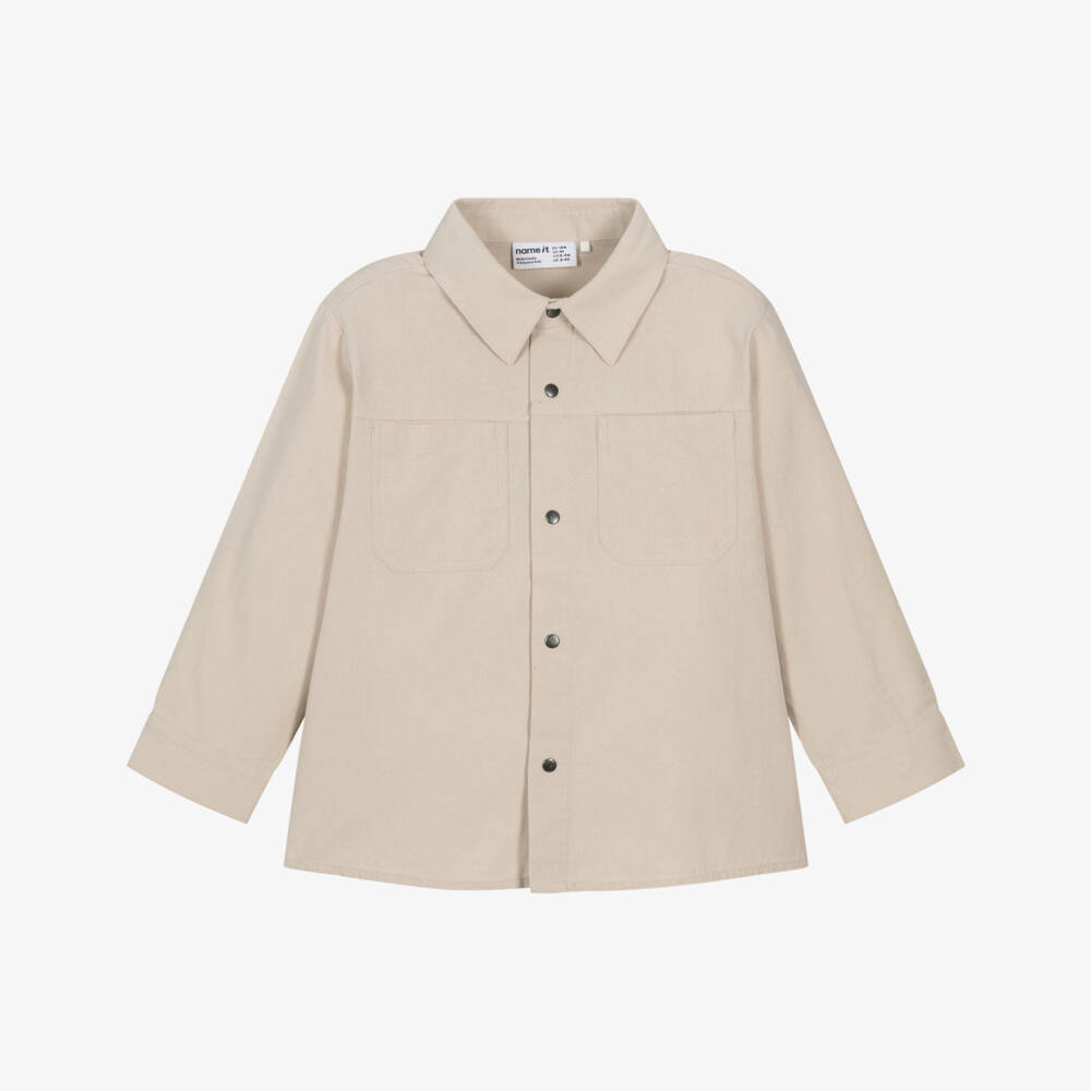 NAME IT-Boys Beige Cotton Shirt with Pockets | Childrensalon