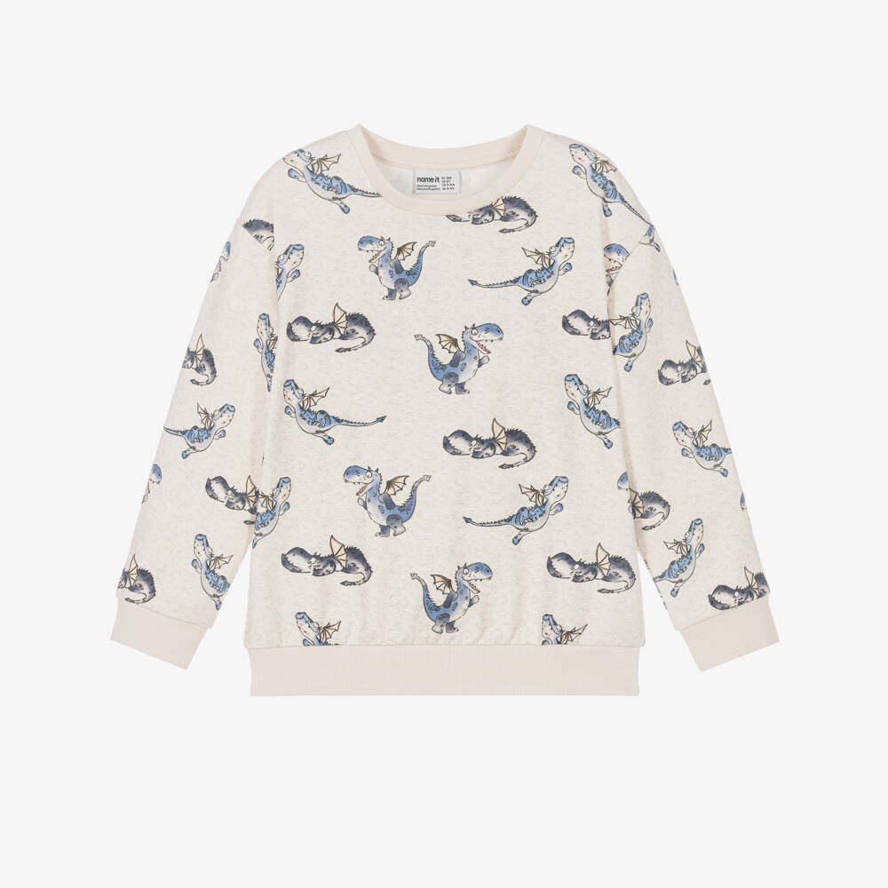 NAME IT-Boys Beige Cotton Sweatshirt with Blue Dragon Prints | Childrensalon