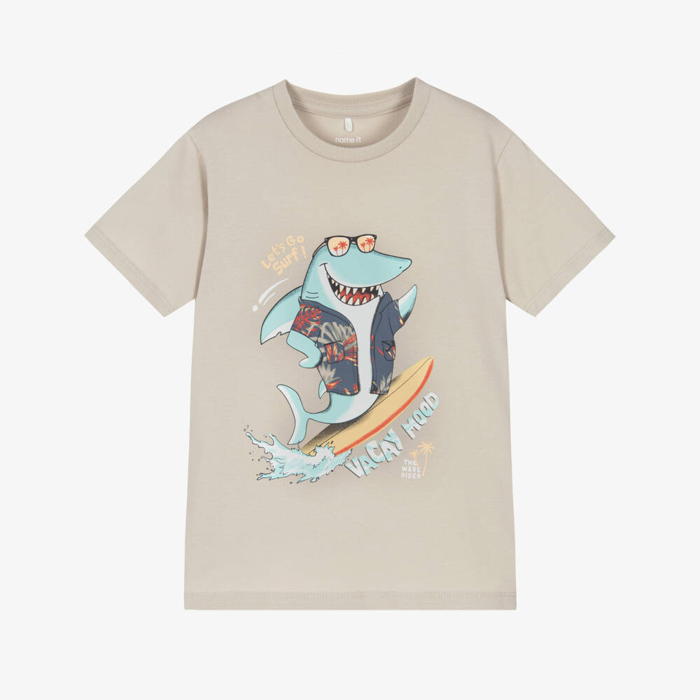 NAME IT-Boys Beige Cotton T-Shirt with Surfing Shark Motif | Childrensalon