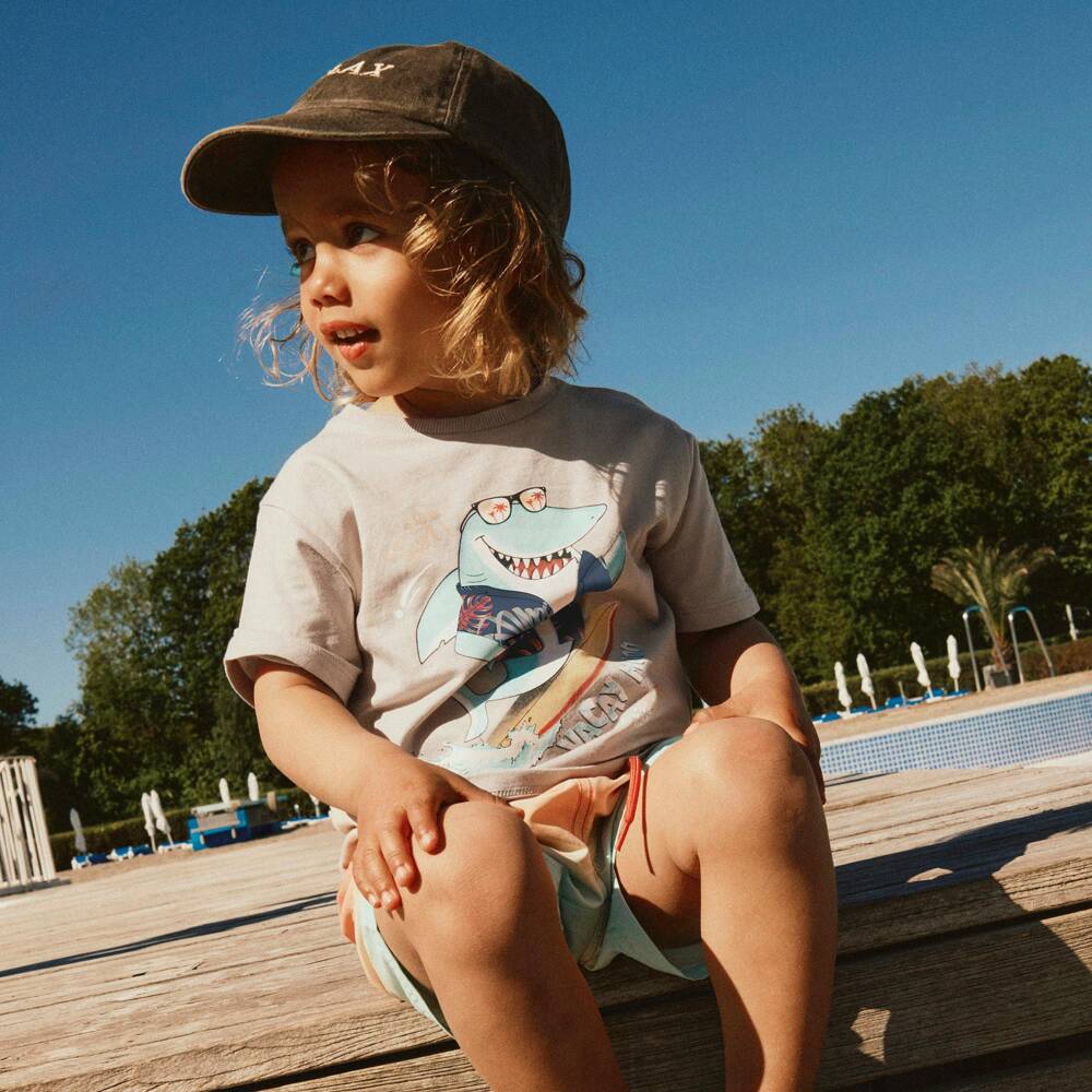 NAME IT-Boys Beige Cotton T-Shirt with Surfing Shark Motif | Childrensalon