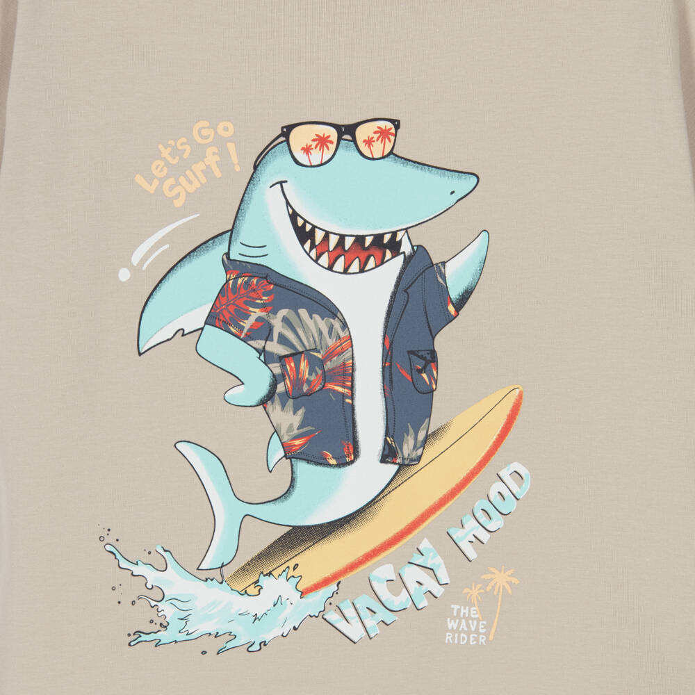 NAME IT-Boys Beige Cotton T-Shirt with Surfing Shark Motif | Childrensalon