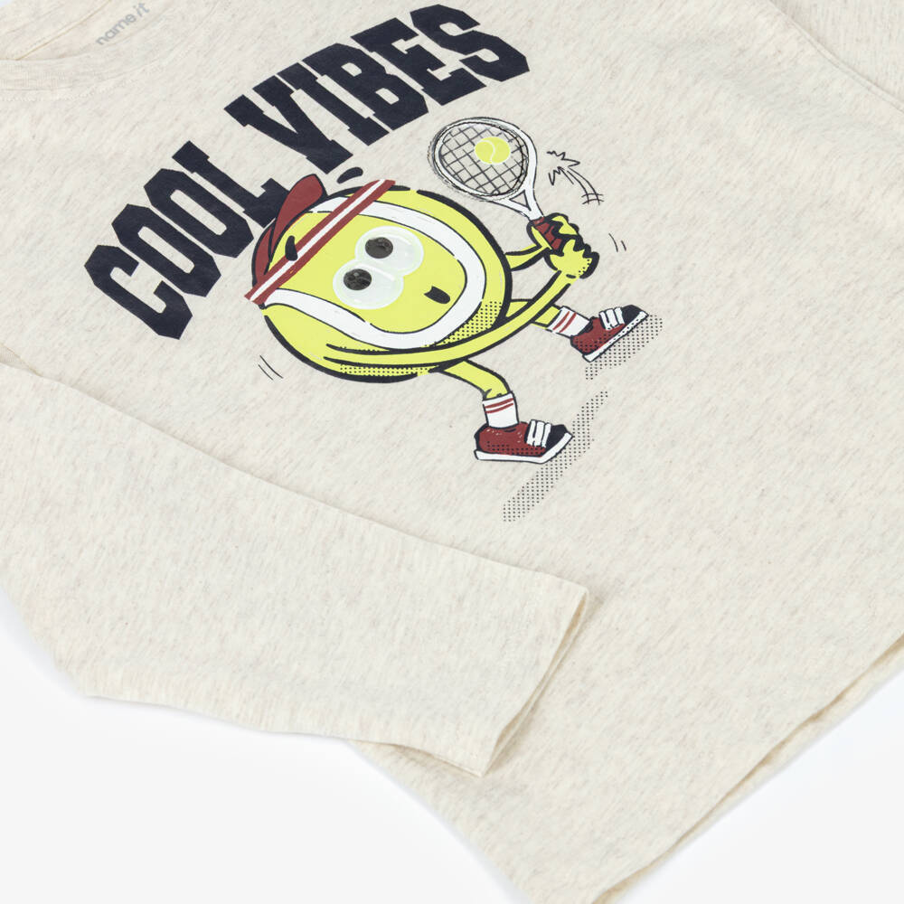 NAME IT-Boys Beige Cotton Top with Tennis Ball Motif | Childrensalon