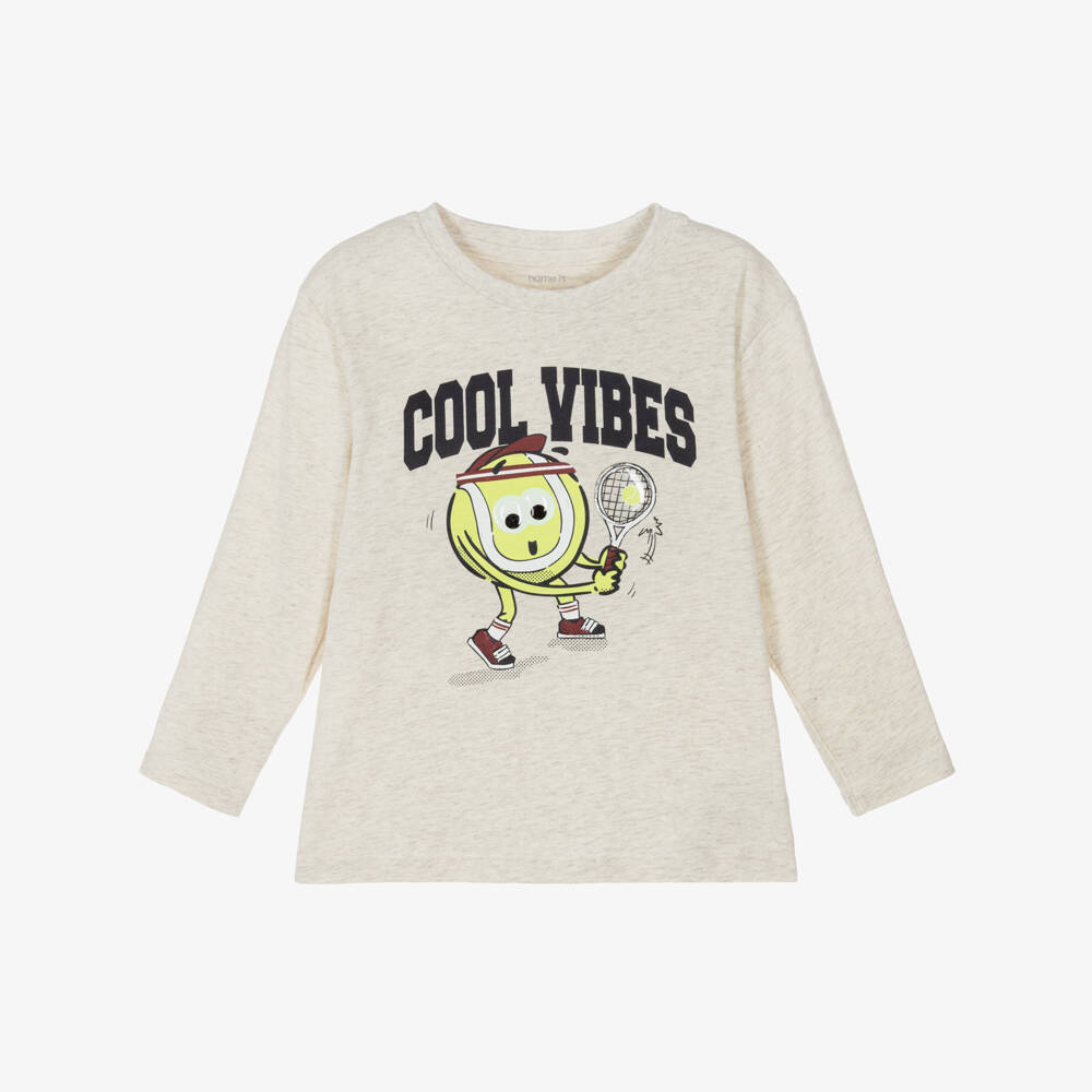 NAME IT-Boys Beige Cotton Top with Tennis Ball Motif | Childrensalon