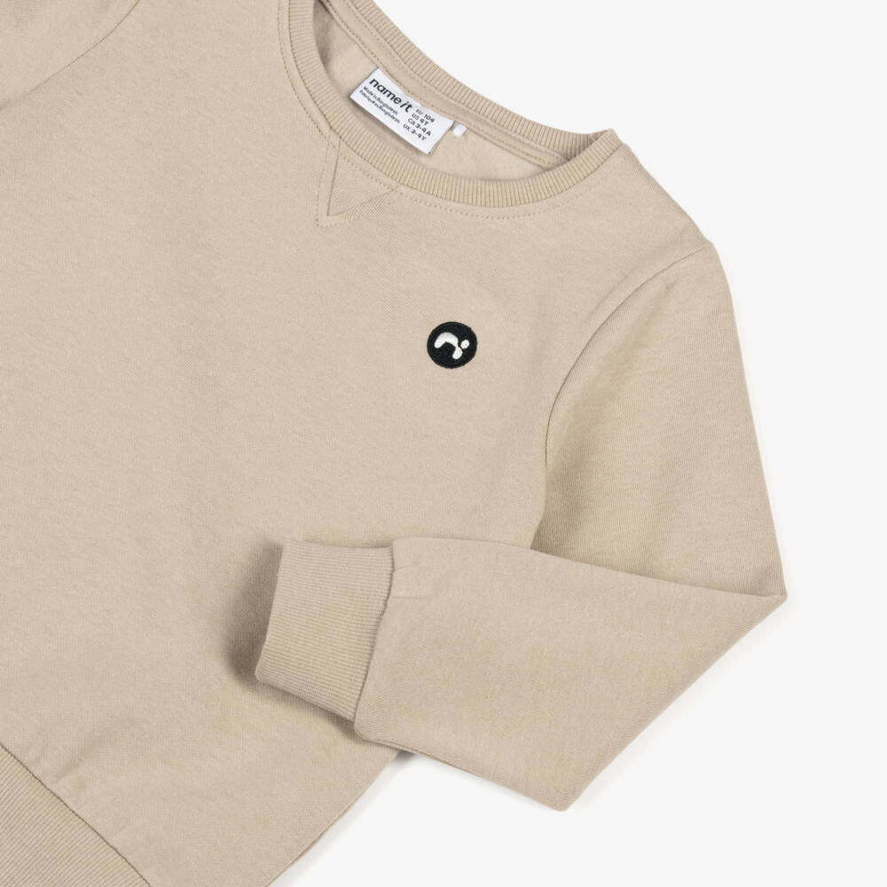 NAME IT-Boys Beige Crew Neck Sweatshirt with Logo Patch | Childrensalon