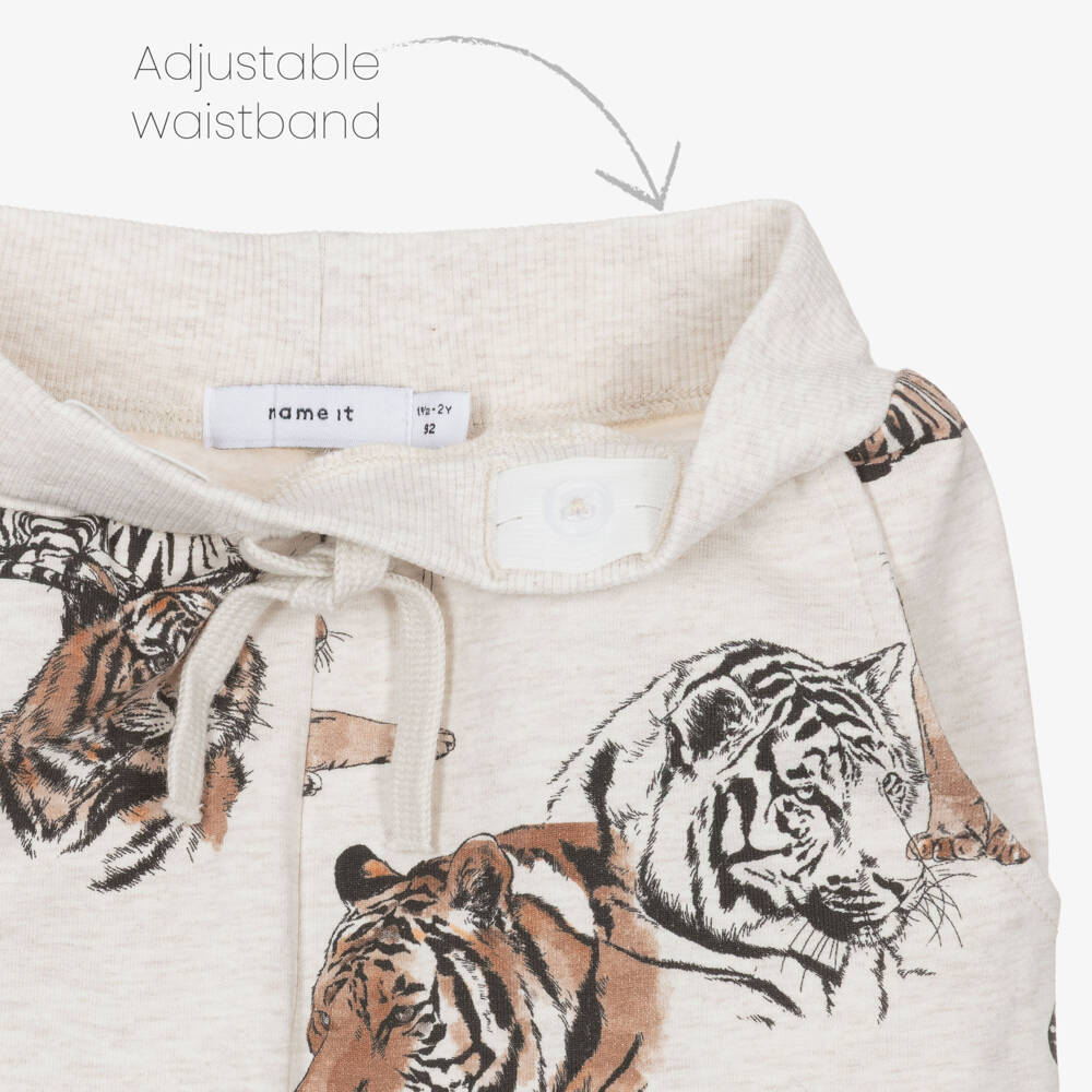 NAME IT-Boys Beige Marl Cotton Joggers with Tiger Print | Childrensalon