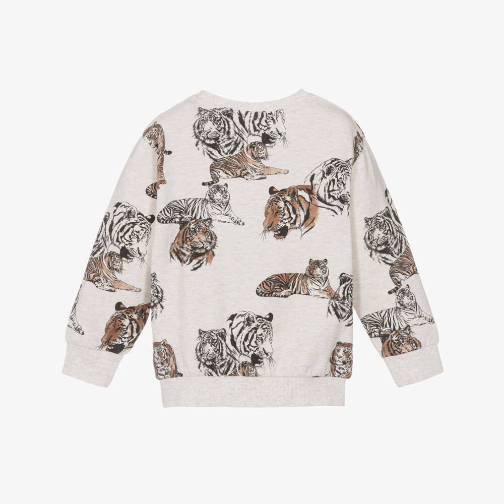 NAME IT-Boys Beige Marl Cotton Sweatshirt with Tiger Print | Childrensalon