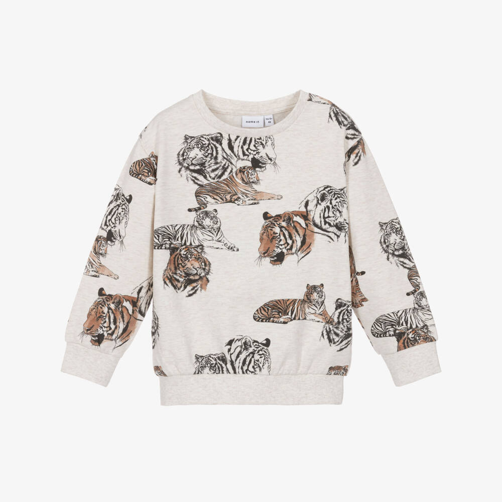 NAME IT-Boys Beige Marl Cotton Sweatshirt with Tiger Print | Childrensalon