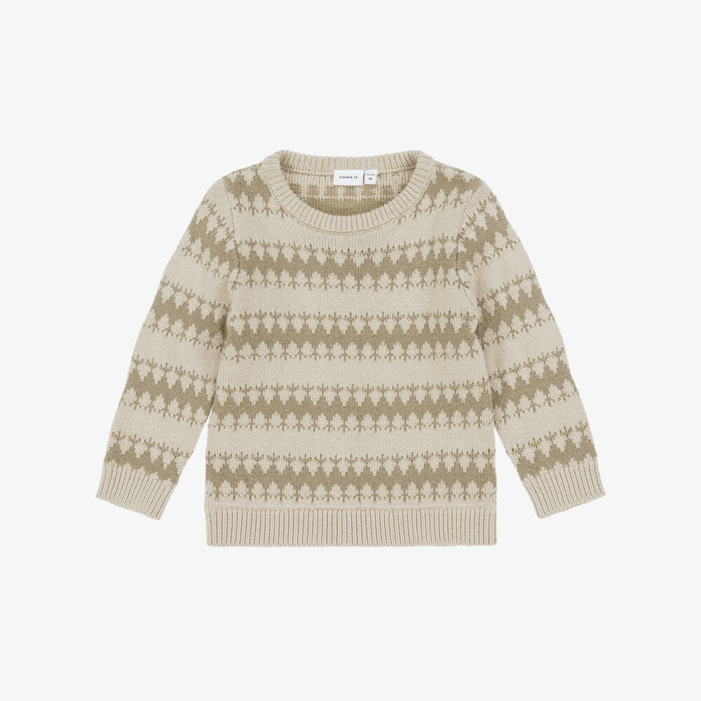 NAME IT-Boys Beige & Olive Green Cotton Knit Sweater | Childrensalon
