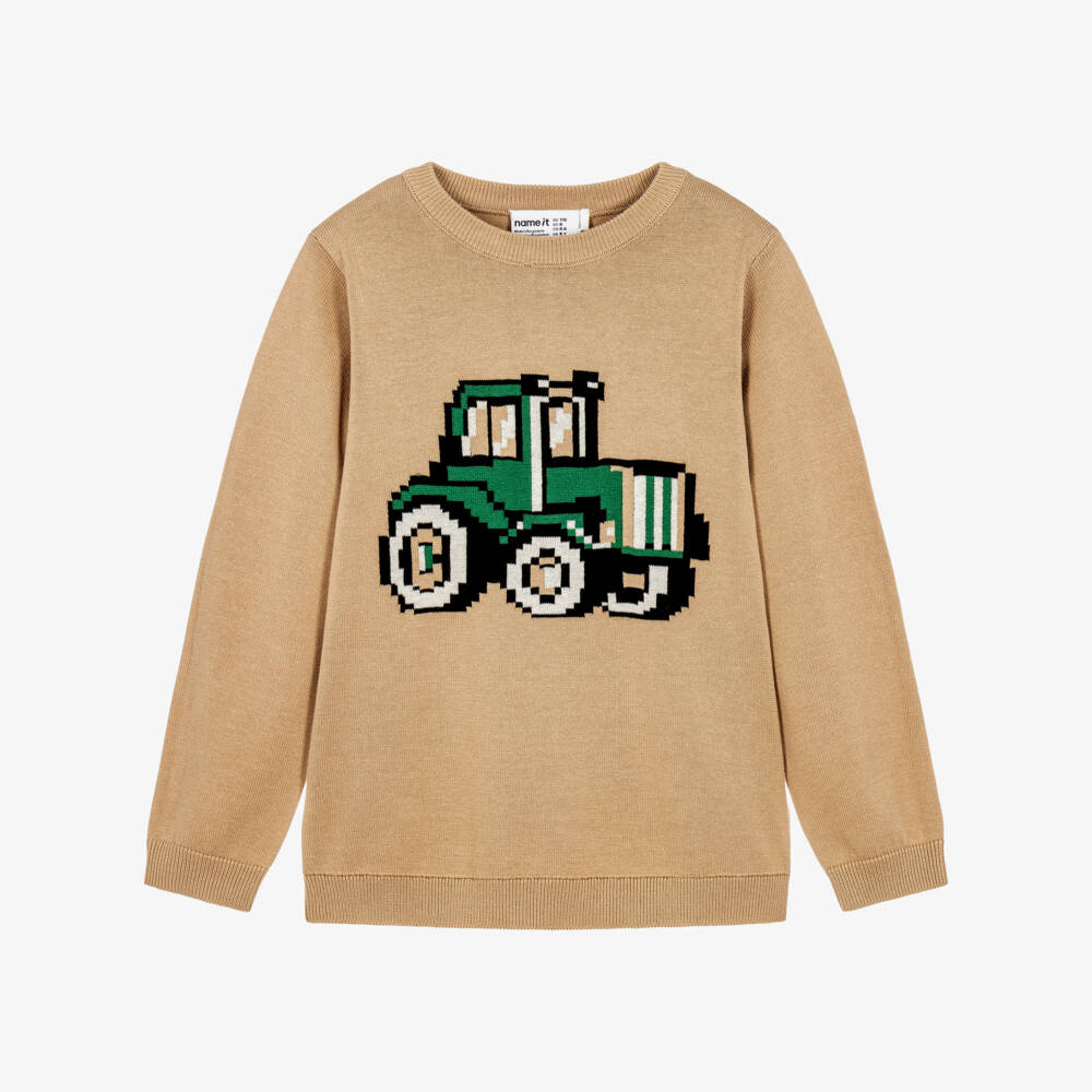 NAME IT-Boys Beige Organic Cotton Tractor Sweater | Childrensalon