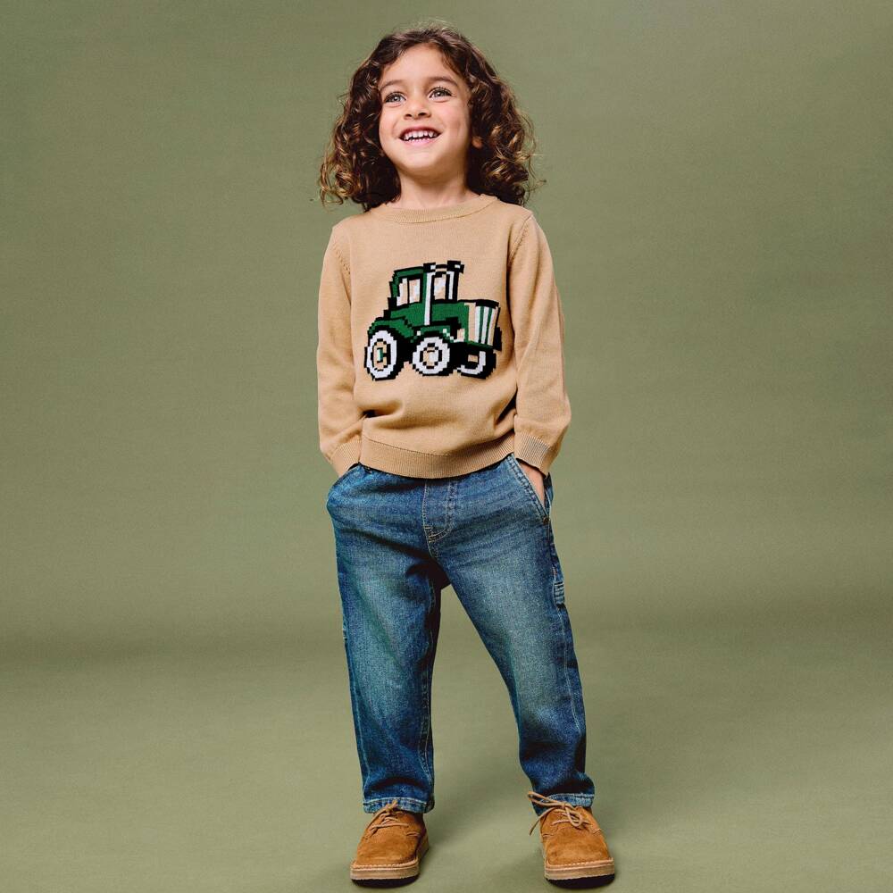 NAME IT-Boys Beige Organic Cotton Tractor Sweater | Childrensalon