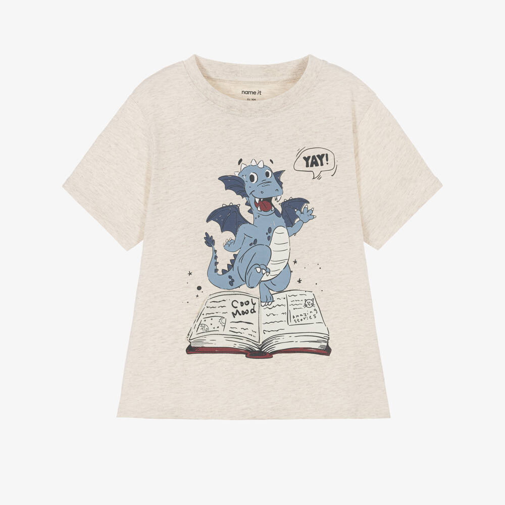 NAME IT-Boys Beige T-Shirt with Playful Dragon Motif | Childrensalon