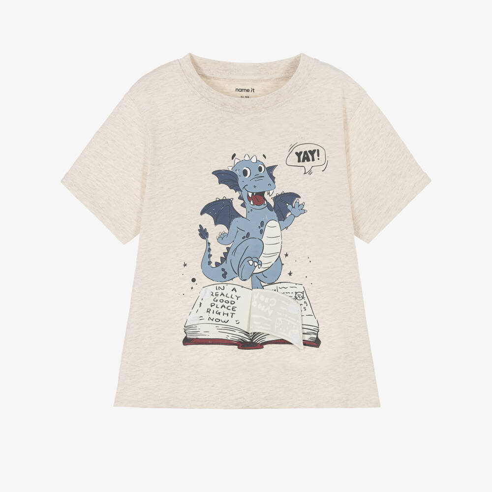 NAME IT-Boys Beige T-Shirt with Playful Dragon Motif | Childrensalon
