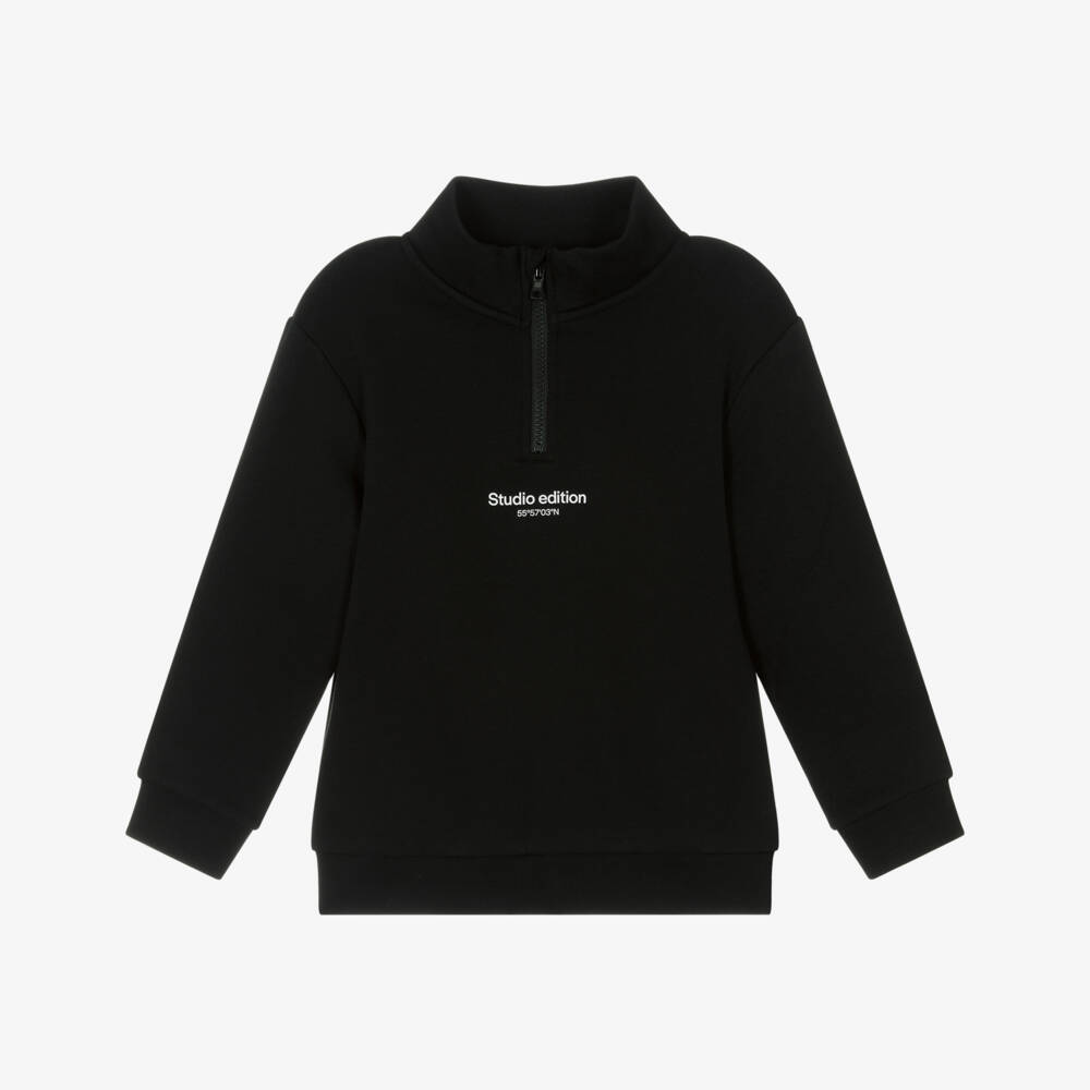 NAME IT-Boys Black Organic Cotton Sweatshirt with Quarter Zip | Childrensalon