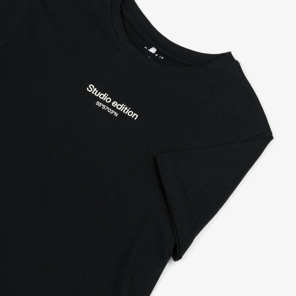NAME IT-Boys Black Organic Cotton T-Shirt with Coordinates Logo | Childrensalon