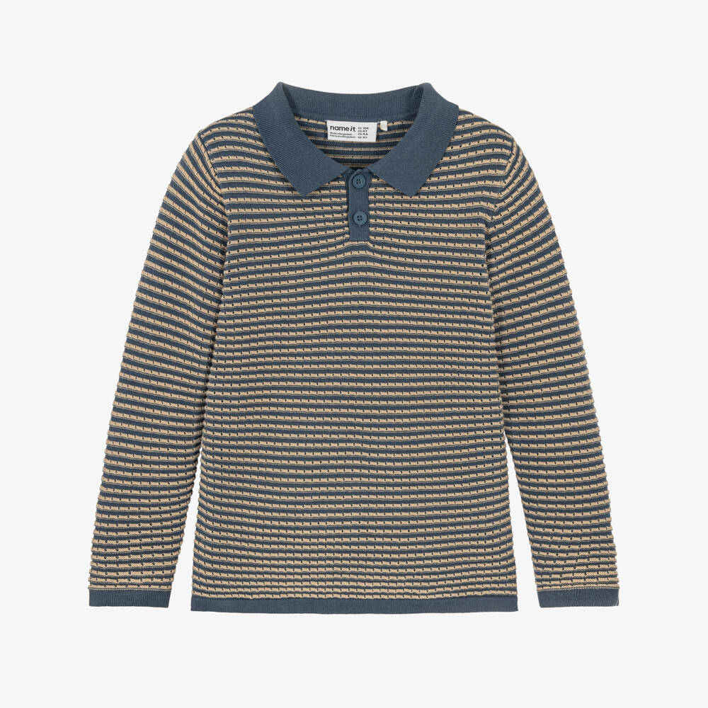 NAME IT-Boys Blue & Beige Striped Knit Polo Sweater | Childrensalon